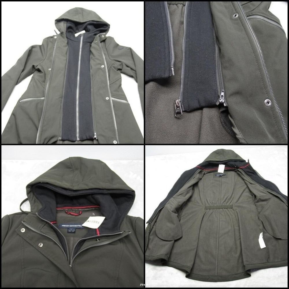 French Connection Parka Coat Womens Large Green Zip Pockets Hooded Snap Zip NEW